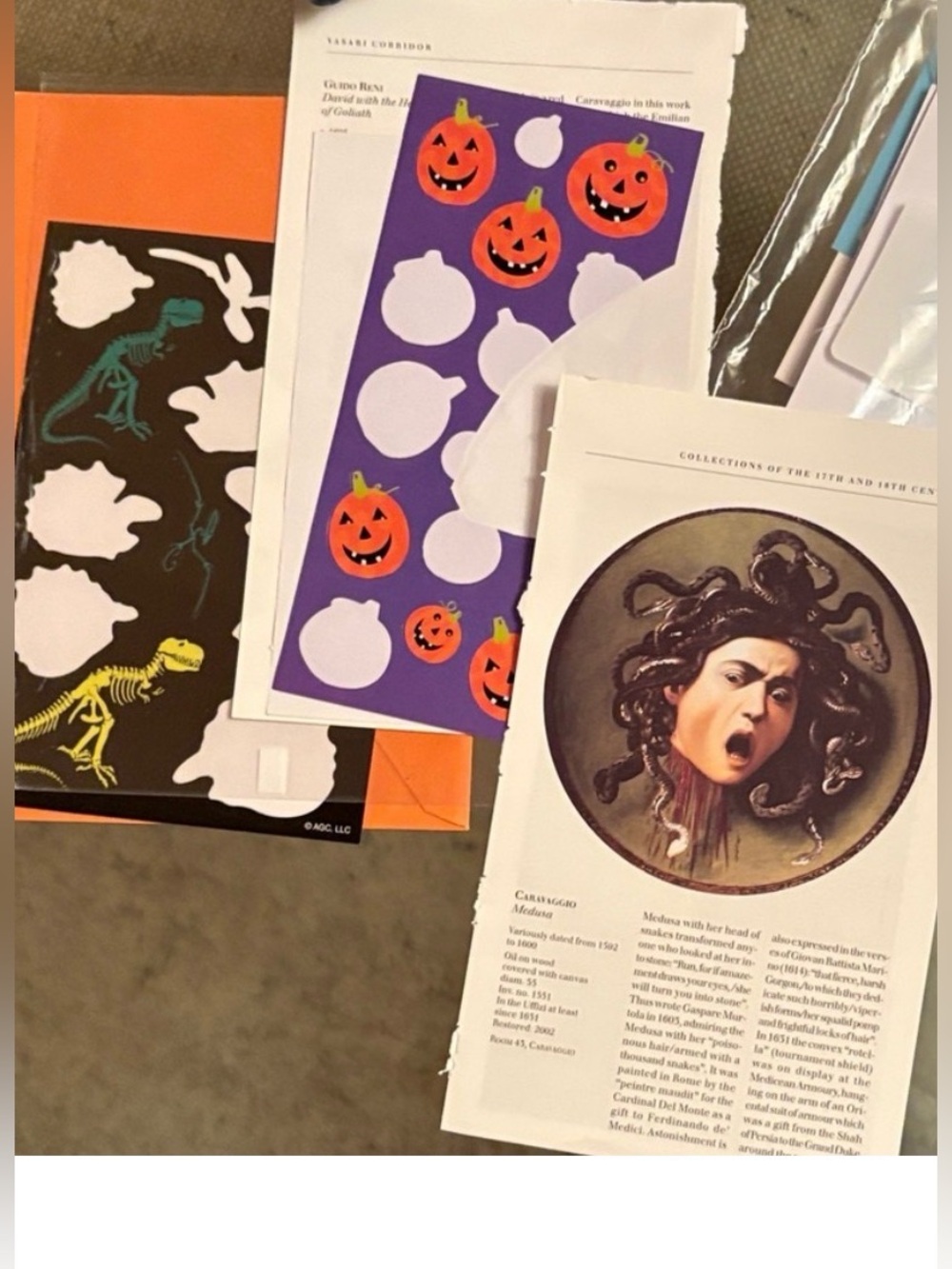 Halloween stationary. Dino skulls Set of stickers&Envelopes. Pumpkins